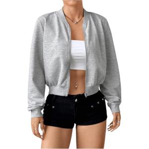 imageSweatyRocks Womens Lightweight Jackets Casual Basic Zip Up Cropped Bomber JacketLight Grey