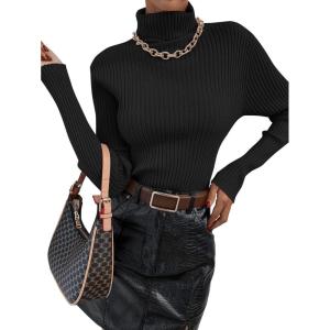 imageSweatyRocks Womens Long Sleeve Turtleneck Ribbed Knit Pullover Sweater TopBlack Solid
