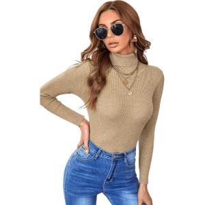 imageSweatyRocks Womens Long Sleeve Turtleneck Ribbed Knit Pullover Sweater TopKhaki