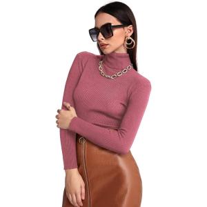 imageSweatyRocks Womens Long Sleeve Turtleneck Ribbed Knit Pullover Sweater TopPlain Pink