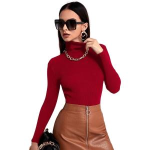 imageSweatyRocks Womens Long Sleeve Turtleneck Ribbed Knit Pullover Sweater TopRed