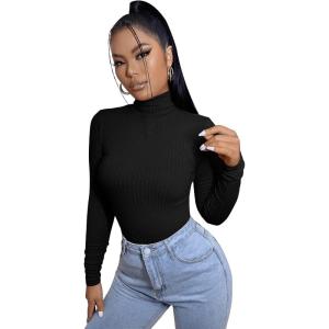 imageSweatyRocks Womens Long Sleeve Turtleneck Ribbed Knit Pullover Sweater TopSolid Black