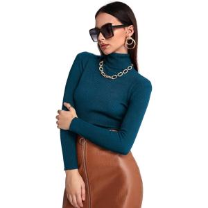 imageSweatyRocks Womens Long Sleeve Turtleneck Ribbed Knit Pullover Sweater TopSolid Blue