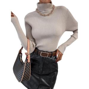 imageSweatyRocks Womens Long Sleeve Turtleneck Ribbed Knit Pullover Sweater TopSolid Khaki