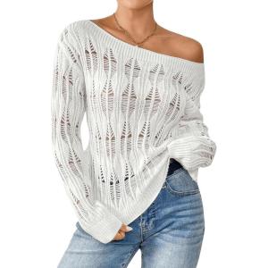 imageSweatyRocks Womens Off Shoulder Sweater Hollow Out Ribbed Knit Long Sleeve Pullover TopsWhite