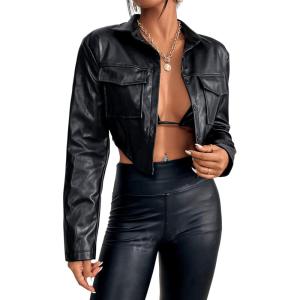 imageSweatyRocks Womens PU Leather Cropped Coat Casual Button Front Jacket with Bust PocketBlack