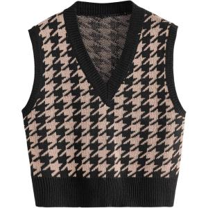 imageSweatyRocks Womens Sleeveless V Neck Knit Sweater Vest Houndstooth Crop Tank TopApricot
