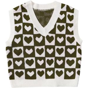 imageSweatyRocks Womens Sleeveless V Neck Knit Sweater Vest Houndstooth Crop Tank TopArmy Green