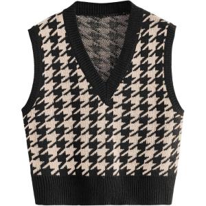 imageSweatyRocks Womens Sleeveless V Neck Knit Sweater Vest Houndstooth Crop Tank TopBeige