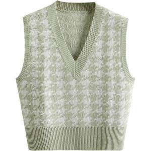 imageSweatyRocks Womens Sleeveless V Neck Knit Sweater Vest Houndstooth Crop Tank TopGreen White