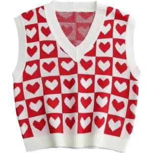 imageSweatyRocks Womens Sleeveless V Neck Knit Sweater Vest Houndstooth Crop Tank TopRed