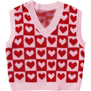 imageSweatyRocks Womens Sleeveless V Neck Knit Sweater Vest Houndstooth Crop Tank TopRed and Pink