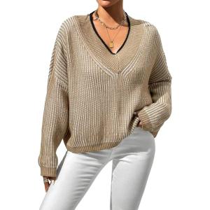 imageSweatyRocks Womens Striped V Neck Long Sleeve Sweater Drop Shoulder Loose Fit Pullover Knitwear TopApricot