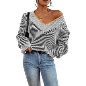 imageSweatyRocks Womens Striped V Neck Long Sleeve Sweater Drop Shoulder Loose Fit Pullover Knitwear TopBlack White
