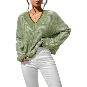 imageSweatyRocks Womens Striped V Neck Long Sleeve Sweater Drop Shoulder Loose Fit Pullover Knitwear TopDark Green