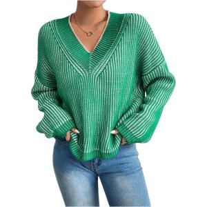 imageSweatyRocks Womens Striped V Neck Long Sleeve Sweater Drop Shoulder Loose Fit Pullover Knitwear TopGreen