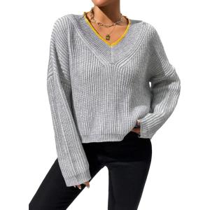 imageSweatyRocks Womens Striped V Neck Long Sleeve Sweater Drop Shoulder Loose Fit Pullover Knitwear TopGrey