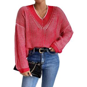 imageSweatyRocks Womens Striped V Neck Long Sleeve Sweater Drop Shoulder Loose Fit Pullover Knitwear TopRed