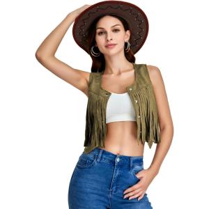 imageSweatyRocks Womens Suede Fringe Trim Sleeveless Crop Vest Jacket Button Front CoatArmy Green