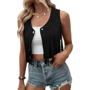 imageSweatyRocks Womens Suede Fringe Trim Sleeveless Crop Vest Jacket Button Front CoatBlack