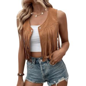 imageSweatyRocks Womens Suede Fringe Trim Sleeveless Crop Vest Jacket Button Front CoatCoffee Brown