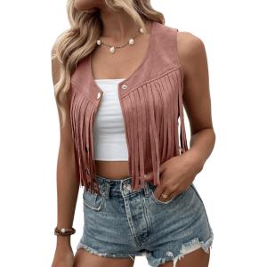 imageSweatyRocks Womens Suede Fringe Trim Sleeveless Crop Vest Jacket Button Front CoatDusty Pink