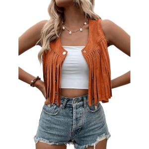 imageSweatyRocks Womens Suede Fringe Trim Sleeveless Crop Vest Jacket Button Front CoatOrange