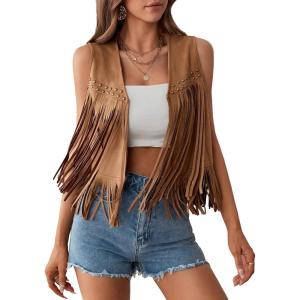 imageSweatyRocks Womens Suede Fringe Trim Sleeveless Crop Vest Jacket Button Front CoatPure Brown