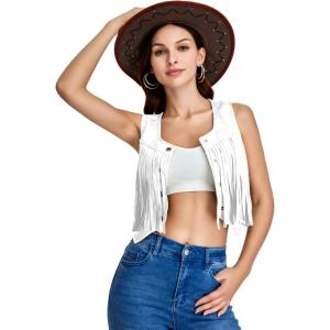 imageSweatyRocks Womens Suede Fringe Trim Sleeveless Crop Vest Jacket Button Front CoatWhite