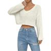 imageSweatyRocks Womens Casual V Neck Off Shoulder Crochet Sweater Long Sleeve Pullover Loose TopsApricot