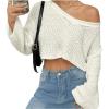 imageSweatyRocks Womens Casual V Neck Off Shoulder Crochet Sweater Long Sleeve Pullover Loose TopsApricot