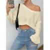 imageSweatyRocks Womens Casual V Neck Off Shoulder Crochet Sweater Long Sleeve Pullover Loose TopsBeige