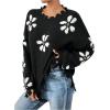 imageSweatyRocks Womens Floral Print Sweaters Long Sleeve Ripped Crewneck Asymmetrical Hem Drop Shoulder Knit Pullover TopsBlack