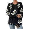 imageSweatyRocks Womens Floral Print Sweaters Long Sleeve Ripped Crewneck Asymmetrical Hem Drop Shoulder Knit Pullover TopsBlack