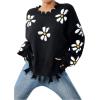 imageSweatyRocks Womens Floral Print Sweaters Long Sleeve Ripped Crewneck Asymmetrical Hem Drop Shoulder Knit Pullover TopsBlack