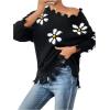 imageSweatyRocks Womens Floral Print Sweaters Long Sleeve Ripped Crewneck Asymmetrical Hem Drop Shoulder Knit Pullover TopsBlack