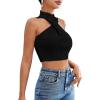 imageSweatyRocks Womens Sleeveless Halter Twist Front Crop Top Slim Fit Ribbed Knit Vest Tank TopsBlack