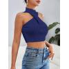 imageSweatyRocks Womens Sleeveless Halter Twist Front Crop Top Slim Fit Ribbed Knit Vest Tank TopsNavy Blue