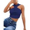 imageSweatyRocks Womens Sleeveless Halter Twist Front Crop Top Slim Fit Ribbed Knit Vest Tank TopsNavy Blue