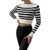 imageSweatyRocks Womens Striped Ribbed Knit Long Sleeve Round Neck Shirt Slim Fit Pullover Sweater Crop TopBlack White