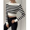 imageSweatyRocks Womens Striped Ribbed Knit Long Sleeve Round Neck Shirt Slim Fit Pullover Sweater Crop TopBlack White