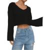 imageSweatyRocks Womens Casual V Neck Off Shoulder Crochet Sweater Long Sleeve Pullover Loose TopsBlack