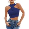 imageSweatyRocks Womens Sleeveless Halter Twist Front Crop Top Slim Fit Ribbed Knit Vest Tank TopsNavy Blue
