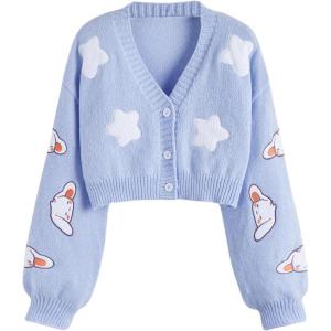 imageSweatyRocks Womens Cardigan Cartoon Long Sleeve Button Down V Neck Drop Shoulder Cropped Sweater TopsLight Blue