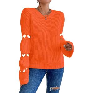 imageSweatyRocks Womens Casual Heart Print Round Neck Drop Shoulder Long Sleeve Knitted Pullover Sweater TopOrange