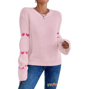 imageSweatyRocks Womens Casual Heart Print Round Neck Drop Shoulder Long Sleeve Knitted Pullover Sweater TopPink