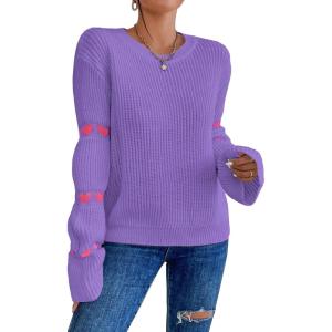 imageSweatyRocks Womens Casual Heart Print Round Neck Drop Shoulder Long Sleeve Knitted Pullover Sweater TopPurple