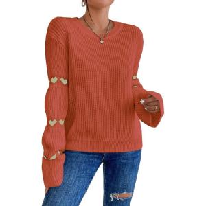 imageSweatyRocks Womens Casual Heart Print Round Neck Drop Shoulder Long Sleeve Knitted Pullover Sweater TopRust Brown
