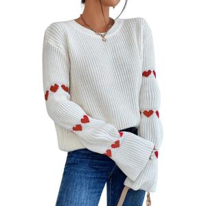 imageSweatyRocks Womens Casual Heart Print Round Neck Drop Shoulder Long Sleeve Knitted Pullover Sweater TopWhite