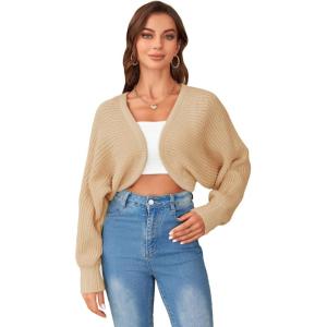 imageSweatyRocks Womens Casual Long Sleeve Ribbed Knit Top Open Front Cropped Cardigan SweaterBeige
